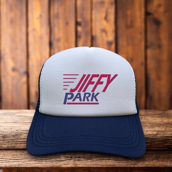 Seinfeld Jiffy Park Mens Trucker Hat Navy Snapback The Wig Master 90s Sitcom Cap - Picture 1 of 4
